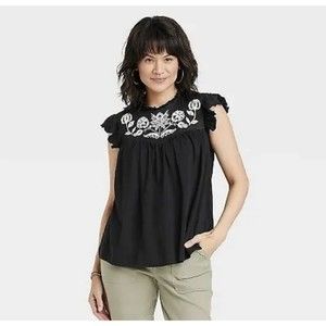 NEW Knox Rose Women's Casual Black Embroidered Cotton Boho Short Size L